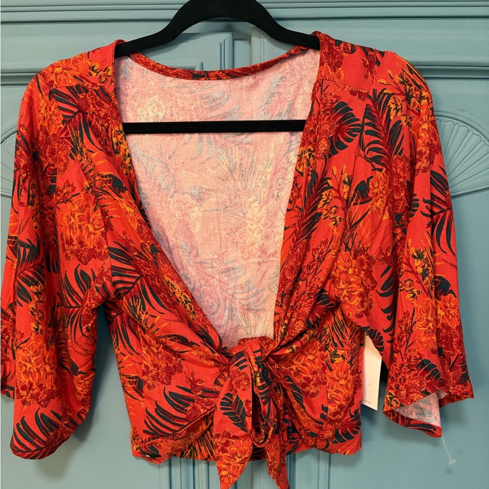NWT Hurley Summer Palm Flounce Top orange red palm print - deep v tie back - Picture 2 of 8